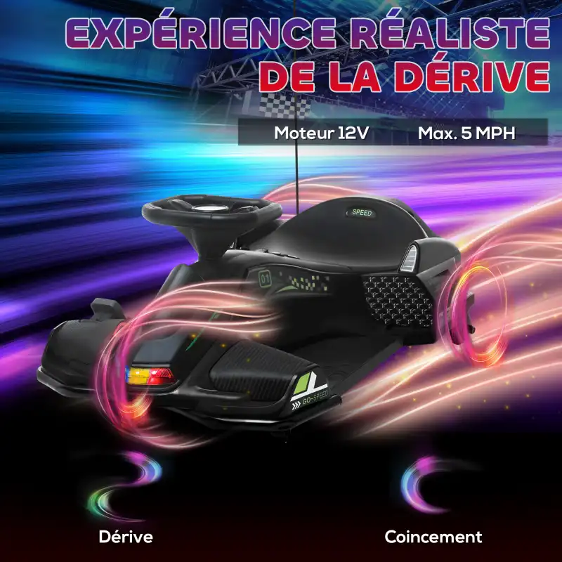 Kart électrique drift noir avec lumières et musique, photo 4